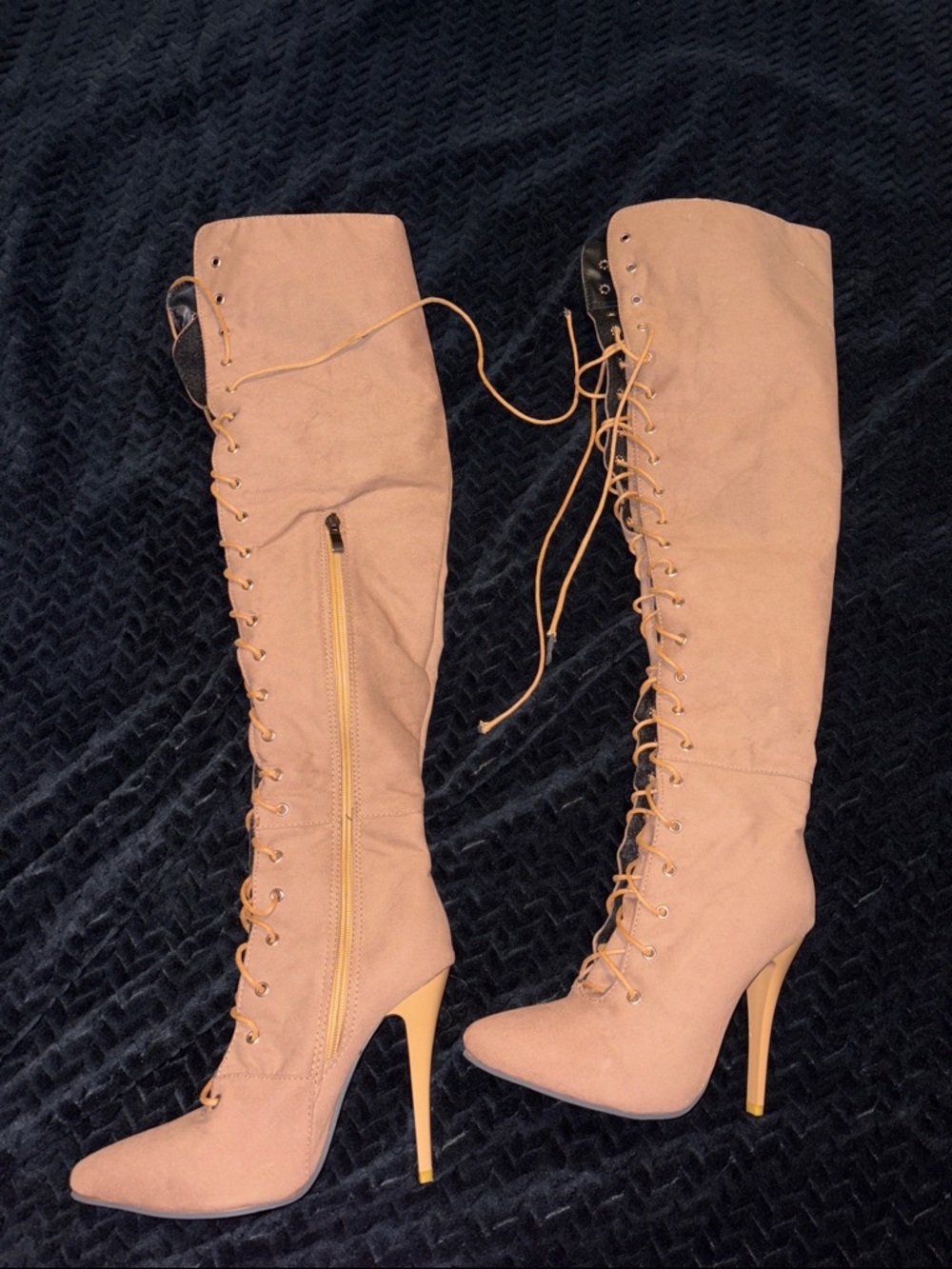Lace-Up Knee-High Stiletto Boots in Blush